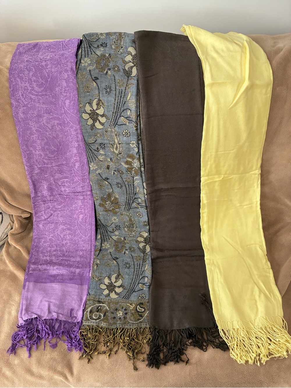 Lot of Four Pashmina Fringe Scarves in Purple, Blue-Grey Floral, Brown & Yellow